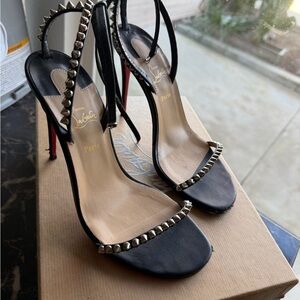 Christian Louboutin Black Leather Studded Slingback Heels with Red Soles